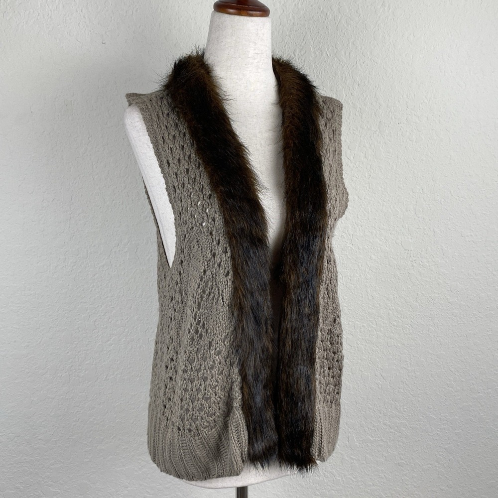 Cato Fur Trim Knit Sweater Vest Womens L Brown Y2k Festival Renaissance Fair